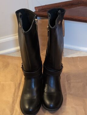 Nautica Black Mid-Calf Leather Boots with Buckle Detail - Women